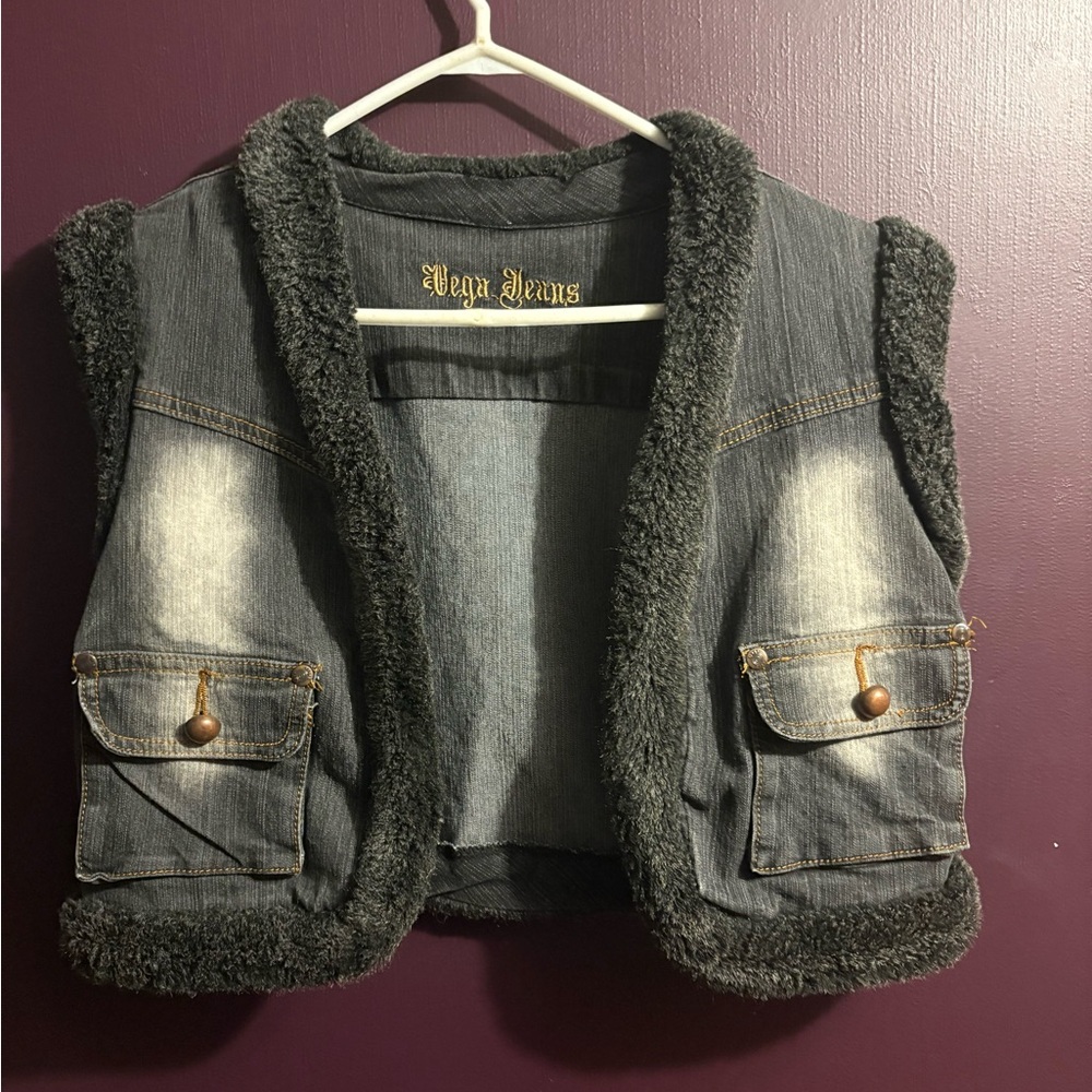 Gray Denim Vest with Faux Fur Trim